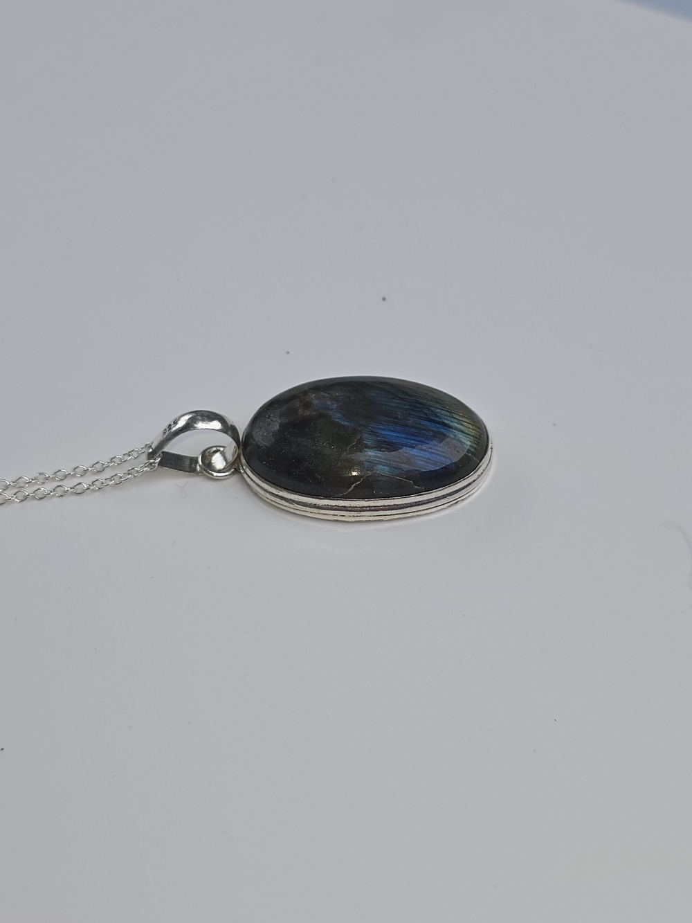 Labradorite Sterling Silver Oval Pendant Necklace - Blue Flash